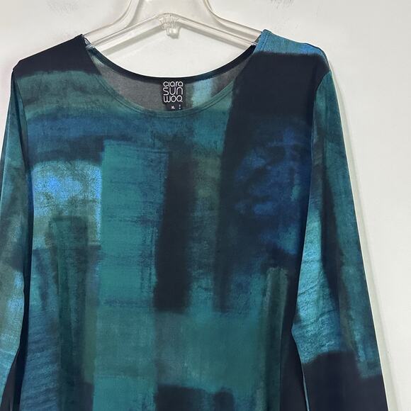 Clara Sun Woo Tunic XL Green Watercolor Paint Stroke Parachute Hem 3/4 Sleeve - Picture 3 of 10